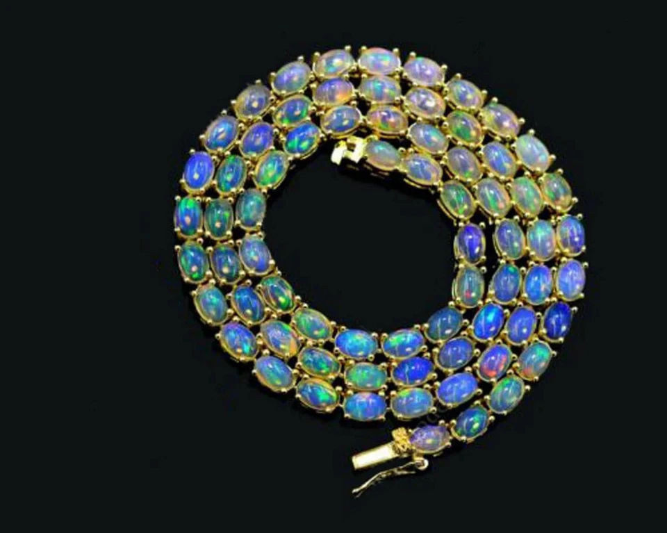 30Ct Lab-Created Ethiopian Fire Opal Tennis Necklace in 14K Yello Gold Over 925 - Image 3 of 4