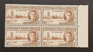 Trinidad & Tobago 1946 KGVI Peace Victory Issue Sc 62. SG 257 BLOCK of 4 MNH 3c