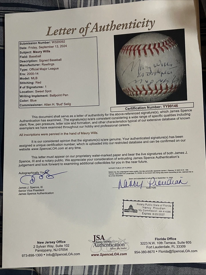 Maury Wills Signed Game Used Baseball Covered With Rare Inscriptions JSA LOA - Image 2 of 4