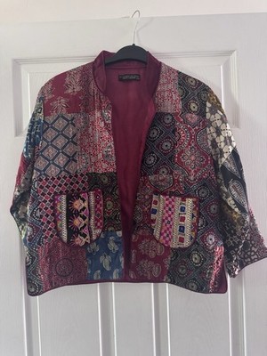 Vintage Patchwork Steppjacke weinrot burgund Ethno Print Boho XXL UK 12
