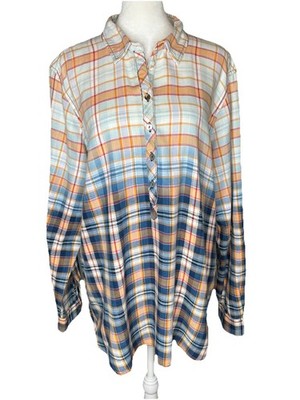 Orvis Flannel Shirt XL Plaid 100% Cotton Blue Yellow Relaxed Button Front