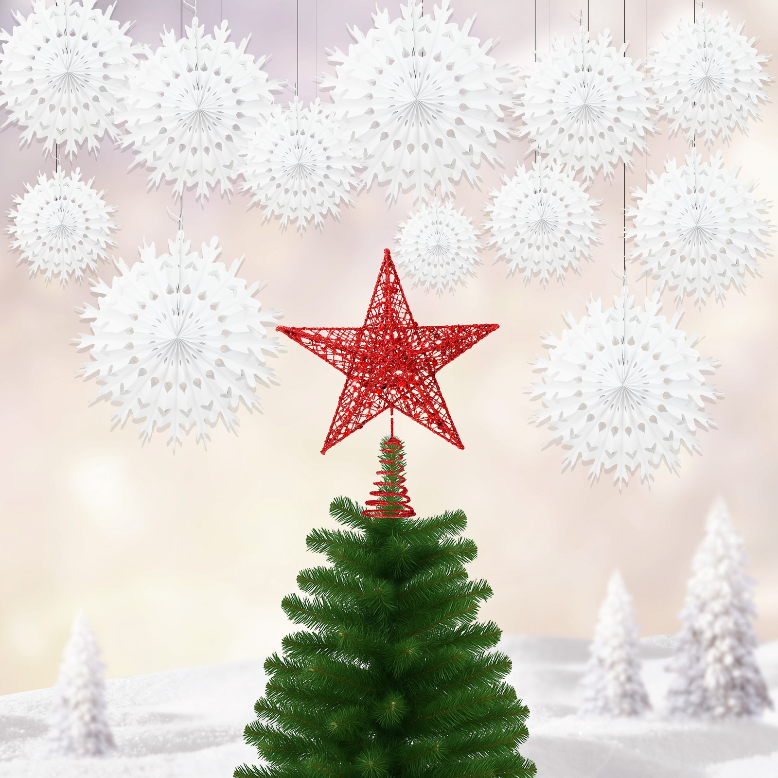 Time to Sparkle Red Christmas Sequins Tree Topper Star & 12Mix Tissue Fan Flower