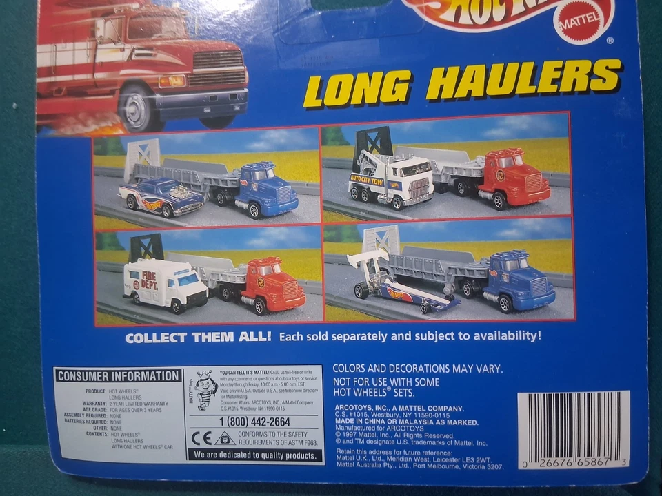 Camión de transporte de larga distancia Hot Wheels 1998 con ambulancia departamento de bomberos Foto 4 de 4