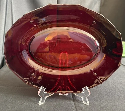 1930s Elegant Paden City Ruby Red Depression Glass Crow’s Foot 11” Oval Platter