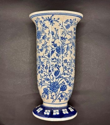 Vintage Chinese Blue & White Ice Crackle Vase Floral Vine Chinoiserie 10''