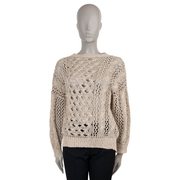 73039 Auth BRUNELLO CUCINELLI Beige Leinen 2021 MICRO SEQUIN OPEN KNIT Pullover S