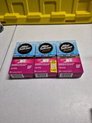 Lot 3 Alka Seltzer Plus Cough & Sore Throat Raspberry Flavor 24 Each Box