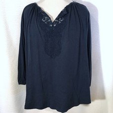Chaps Peasant Top Blue Sz L Sheer Embroidered Mesh Bib Front Elbow Sleeve Tunic