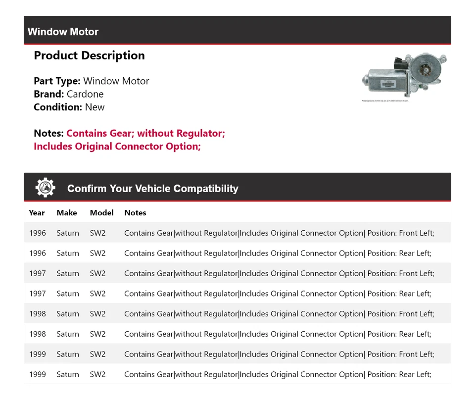 Motor ventana Cardone Saturn SW2 1996-1999 1997 1998 Foto 2 de 4