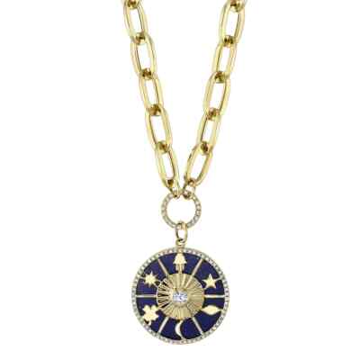 14K Gold Lapis Diamant Collier Hamsa Stern Mond Sonne Klee Büroklammer Halskette