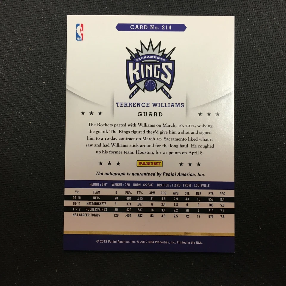 2012 NBA Hoops Autographs Autographed 214 Terrence Williams Auto Basketball Card - Image 2 of 2