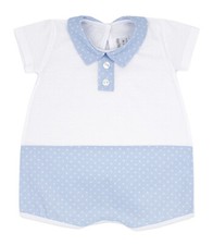 Baby Boy Spanish Cotton Soft White with Blue Collared Shortie Romper, 6 Months