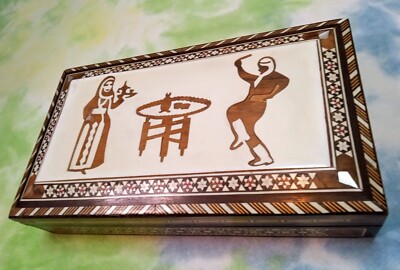 Vintage Lined Persian/Middle Eastern Wood Inlay Marquetry Jewelry/Trinket Box~8''