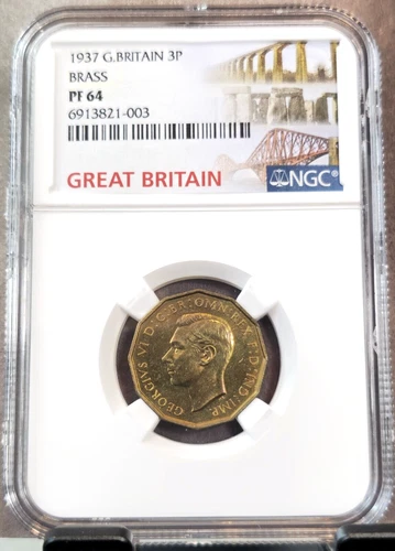 1937 GREAT BRITAIN BRASS 3 PENCE GEORGE VI NGC PF 64 SCARCE PROOF STRIKE