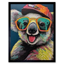 Happy Koala Bear Sunglasses and Hat Modern Pop Art Framed Wall Art Print 12x16