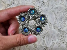 Vintage Blue Rhinestone Wreath Brooch FREE US SHIPPING Silver Toned Metal