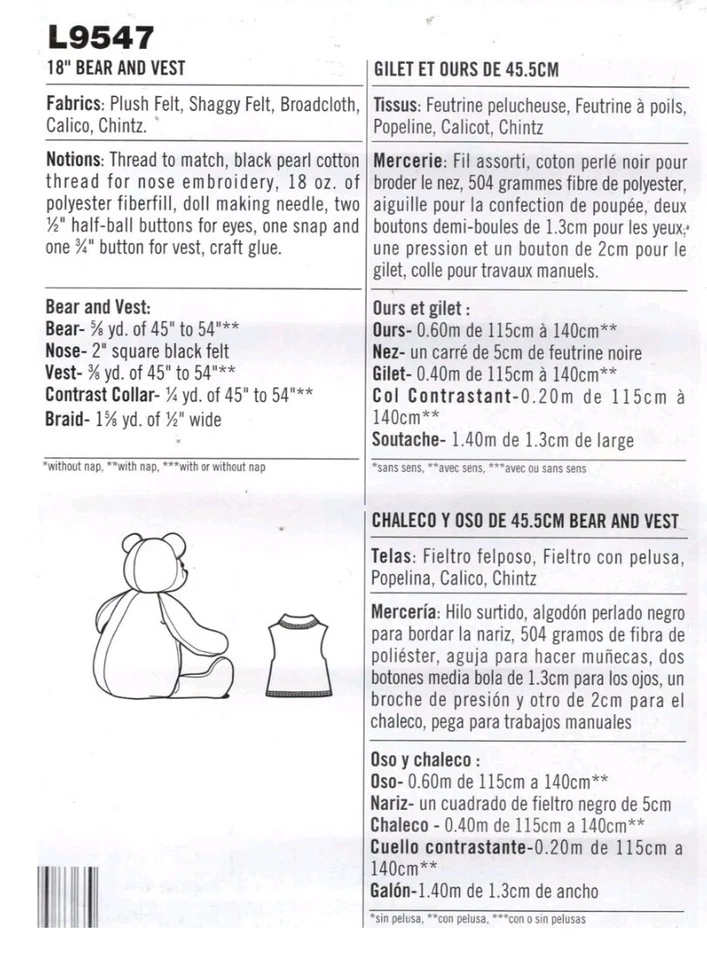 MCCALLS It’s Sew SIMPLE Memory Teddy Bear with Vest Sewing Pattern L9547 UNCUT - Image 2 of 2