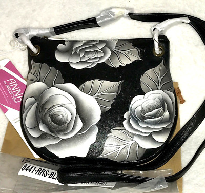 Anuschka Anna NWT Top-Zip Slim U-Shape Crossbody-Romantic Rose Black 8441