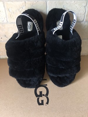 UGG FLUFF YEAH SLIDE BLACK SLINGBACK SHOES SLIPPERS SIZE 6