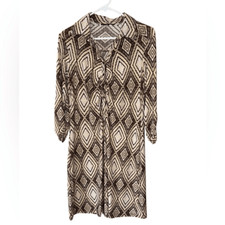 Women's Retro Midi V Neck Button Collar Dress - Brown/ Neutral Size Medium