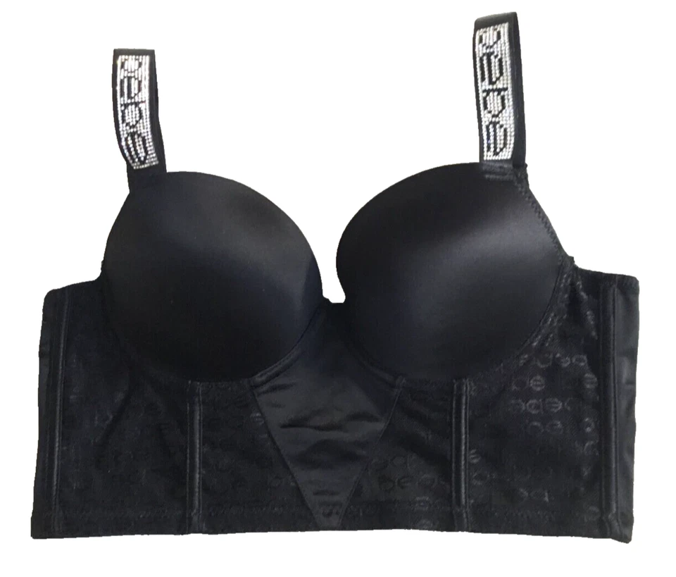 BEBE Bustier Crop Top Tank Bra Push Up Stones Corset Lace Logo Stretchy Blk 38C - Image 3 of 4