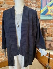 H Halston Black Drop Shoulder 3/4-Sleeve Textured Stripe Cardigan Sweater New