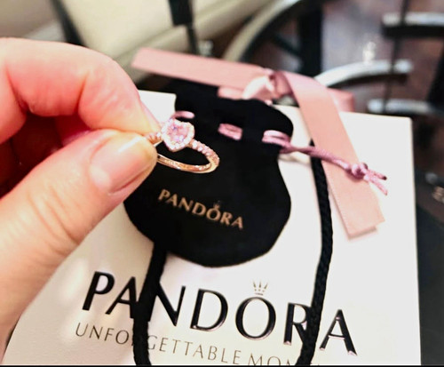 PANDORA Rose Gold Tone Pink Heart Halo Band Ring Size 7 Pavé Signed Love