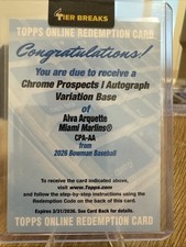 2026 Bowman Baseball Alva Arquette Miami Marlins Redemption Base Variation Auto
