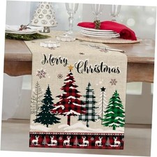Buffalo Plaid Table Runner 13x72 Inch 13"W x 72"L Merry Christmas Trees