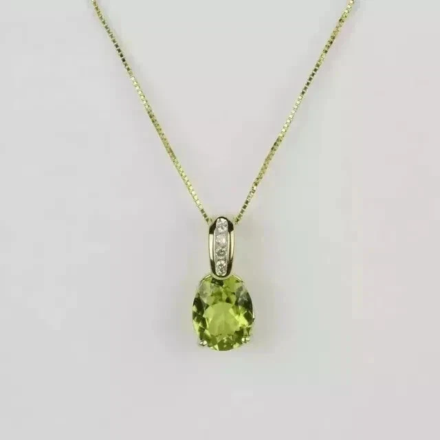 3CT Oval Cut Lab Created Peridot Women's Chain Pendant 14K Yellow Gold Finish - Image 2 of 3
