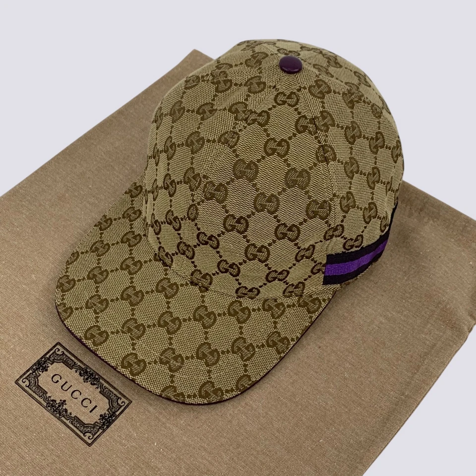 Boné de beisebol Gucci GG monograma roxo listra de teia bege tamanho M - Imagem 3 de 4