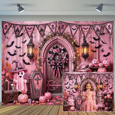 10X8Ft Pink Halloween Backdrop Pumpkin Bat Spooky Girl Halloween Wooden Door Pho