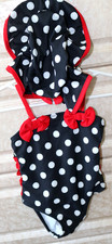 Baby Girl Swimsuit Infant 1-Piece with Hat Summer 3 -6 Mos. Black w/White Polka