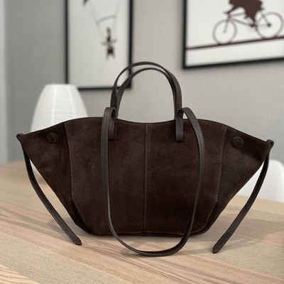 Italian Genuine Suede Leather Tote Bag Women Dark Brown Large Shoulder Handbag