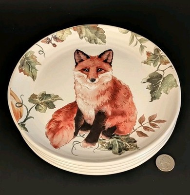 Set 4 Woodland Critters Ceramic Dessert Plates Fox Rabbit Squirrel Hedgehog