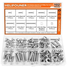 102 Pieces 12-24 Phillips Pan Head Machine Screws Nuts Washers Assortment Kit Co