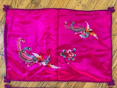 Vintage Chinese Silk Embroidered Phoenix Pillowcases 17.5x25.5 Pink Pair