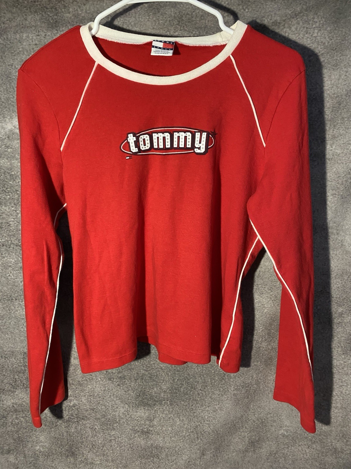 Vtg Y2K Tommy Girl Jeans Red Long Sleeve Ringer Tee Star Font Raglan Shirt XL