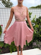 Three Floor Pink Lace Pleated Midi Dress Sleeveless Occasion AU8 Elegant