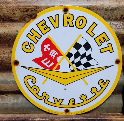 VINTAGE CHEVROLET PORCELAIN SIGN 1961 OLD CORVETTE SPORT CAR CHEVY DEALER GARAGE
