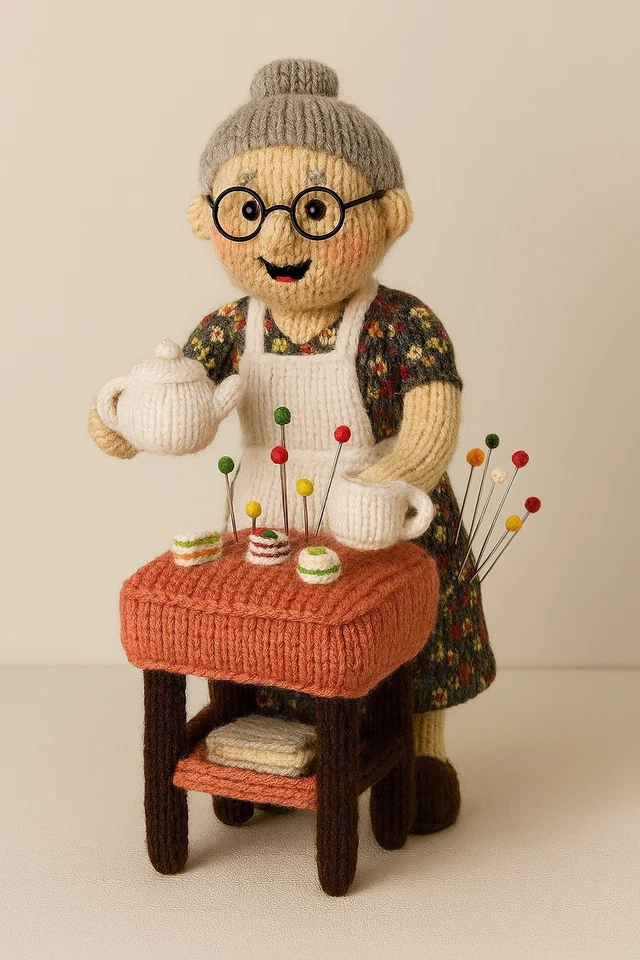 KING COLE Nadelkissen Granny Tea Lady gestrickt DK Strickmuster nur 25 cm groß