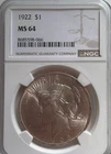 A 1922 Peace Silver Dollar $1 - NGC Certified MS64 Beautiful Uncirculated Coin
