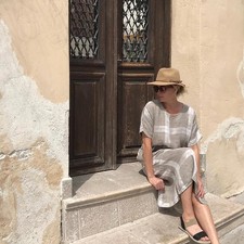 ARCHER & PAIGE Plaid Linen Midi Shift Dress Tan Cream White Lagenlook {TT17}