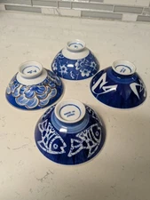 Set of 4 Japanese Blue and White Rice Bowls