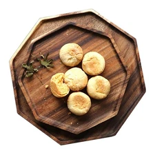 Set of 2 Acacia Wooden Trays Serving Platters Round Square Veggie Serving Tra...