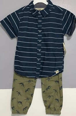 Free Planet 2 Piece Outfit Boy's Size 4 Blue Striped Shirt Olive Green Pants