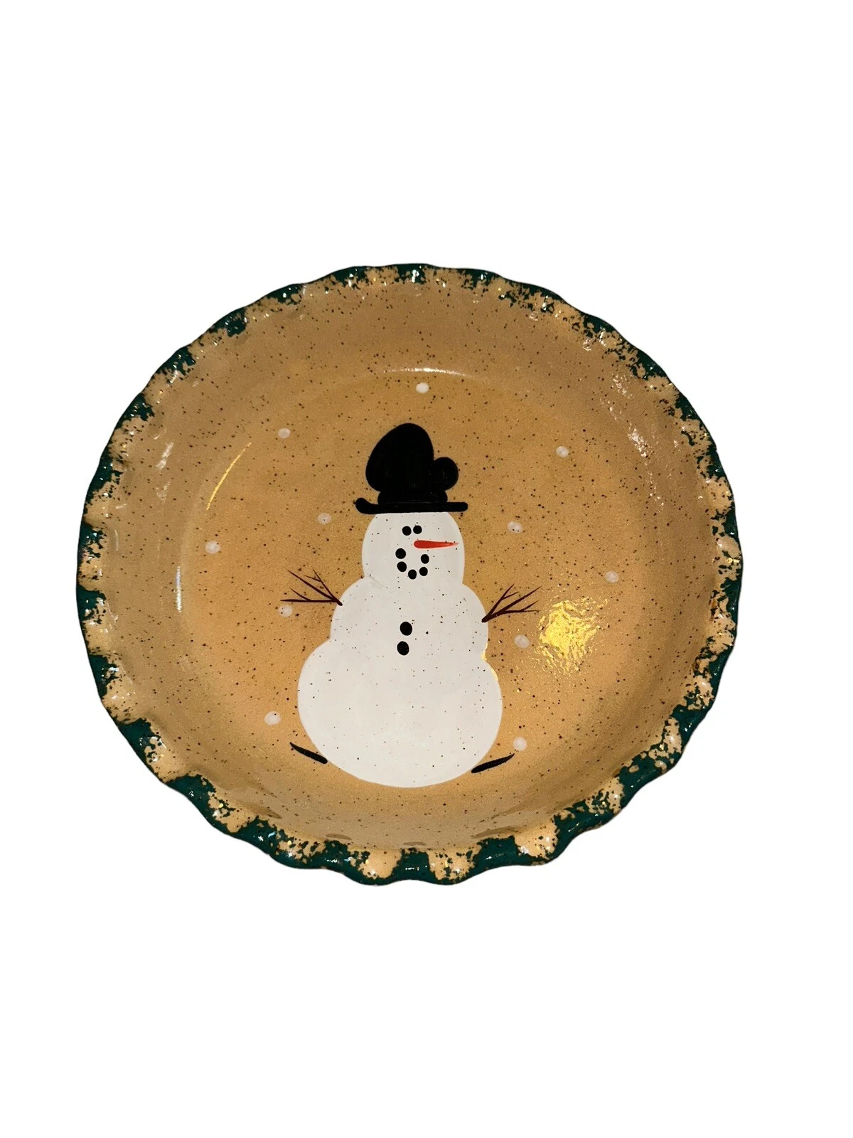 Three Rivers Pottery Snowman 10” Pie Dish Brown Holiday Snowflakes 1995 USA