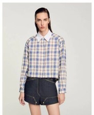 Sandro Rhinestone lapel Plaid Color contrast Long Sleeve Shirts Tops Women