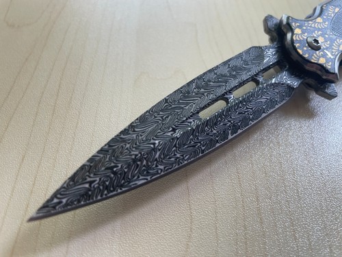 8.25" Damascus Etch Style Black Dirk Dagger Spring Assist Folding Pocket Knife - Picture 3 of 9