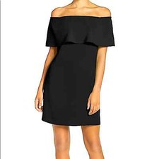 CHARLES HENRY Nordstrom Black Off Shoulder Ruffle Crepe Dress SP NWT NEW PS